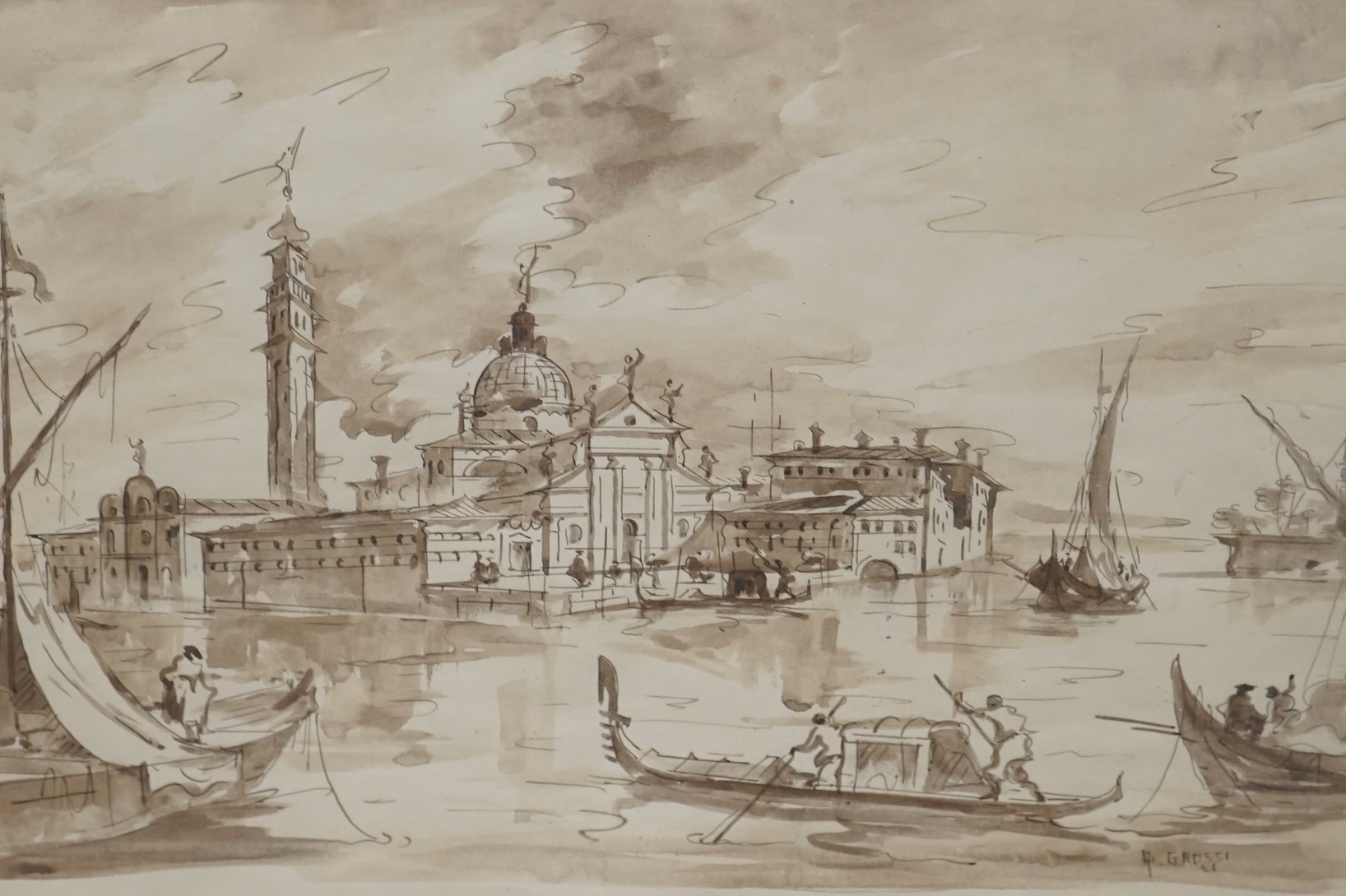 A. Grossi (Italian), Old master style sepia ink and wash, Venetian scene with gondolas, signed, 29 x 38cm. Condition - fair